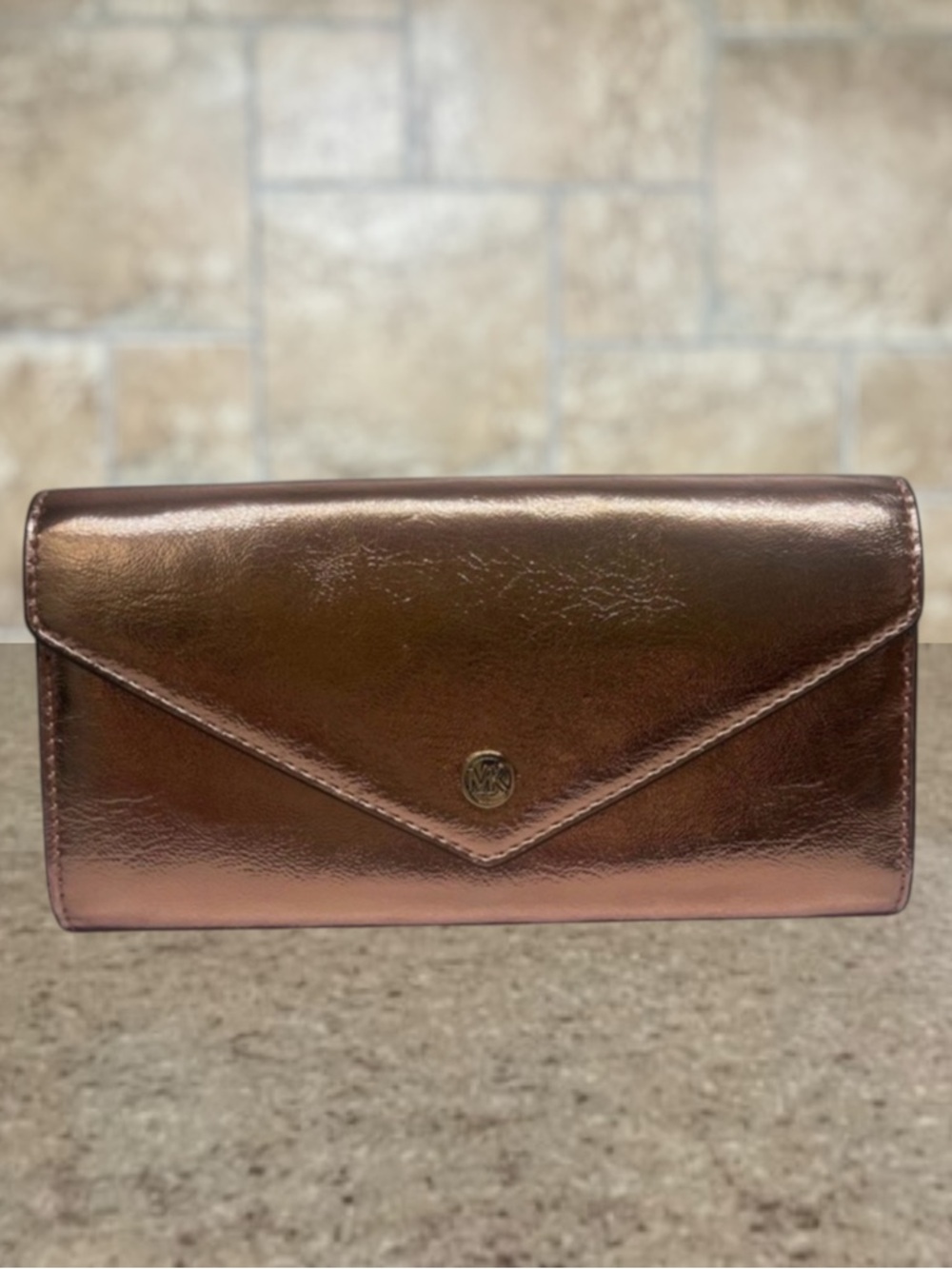 Michael Kors Primrose Metallic Shimmer Continental Envelope Flap Wallet Rosegold
